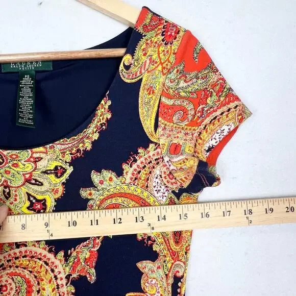 Ralph Lauren Jersey Paisley Orange Navy Blue Fit and Flare Dress Petite Small - Picture 8 of 9